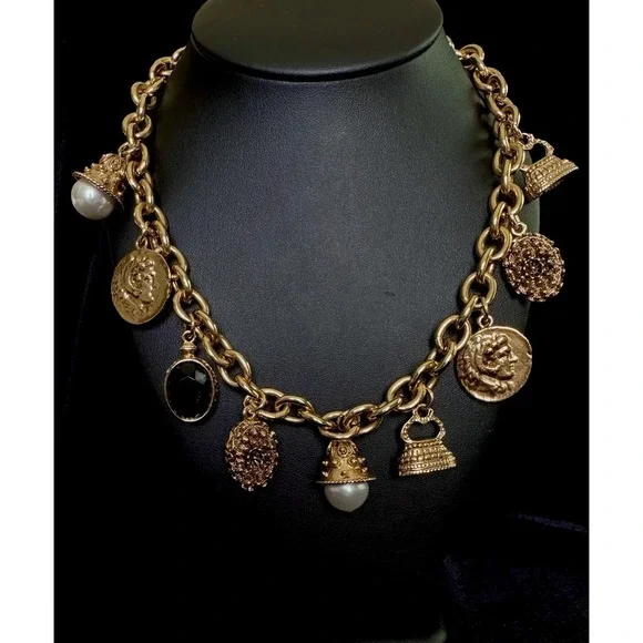 Vintage Victorian Revival Charm Necklace Chunky Rolo Chain Coins Pearls Goldtone - Picture 2 of 10